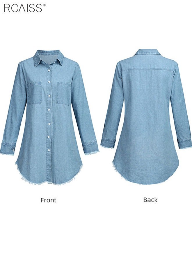 roaiss Women's Loose Casual Denim Shirt Fashion V-Neck Long Sleeve Shirt Button Closure Tassel Hem Light Basic Denim Shirt  - Image 3