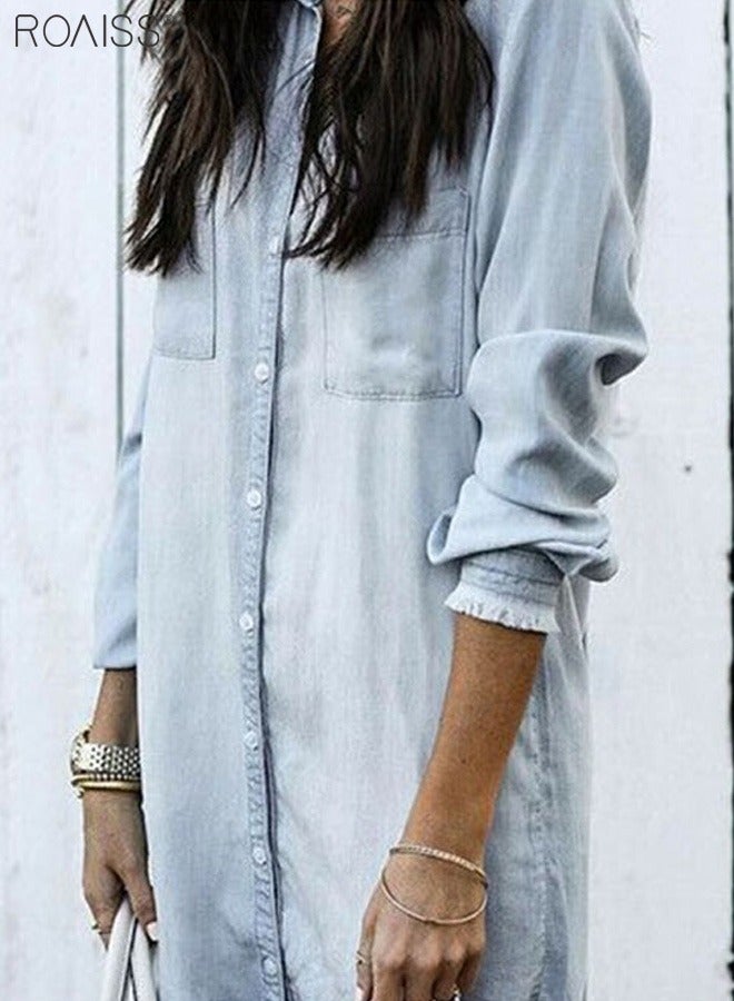 roaiss Women's Loose Casual Denim Shirt Fashion V-Neck Long Sleeve Shirt Button Closure Tassel Hem Light Basic Denim Shirt  - Image 2