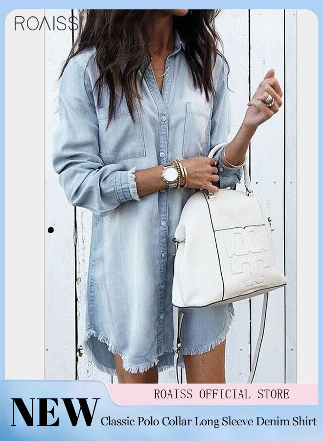 roaiss Women's Loose Casual Denim Shirt Fashion V-Neck Long Sleeve Shirt Button Closure Tassel Hem Light Basic Denim Shirt  - Image 1