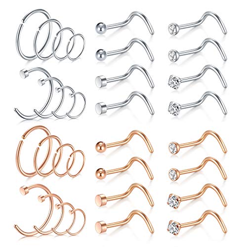 Mayhoop 20g Nose Rings Hoops And Studs For Women Men - Hypoallergenic 316L Surgical Stainless Steel L Shape Nose Screw Bone Silver Rose Gold Black Rainbow Pack 28Pcs - Image 1