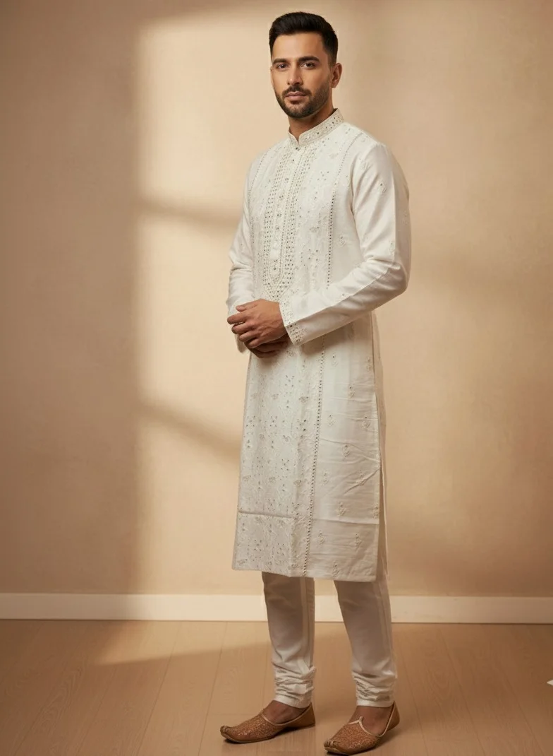 Lehar Men's White Embroidered Kurta Set with Sequin Embellishments