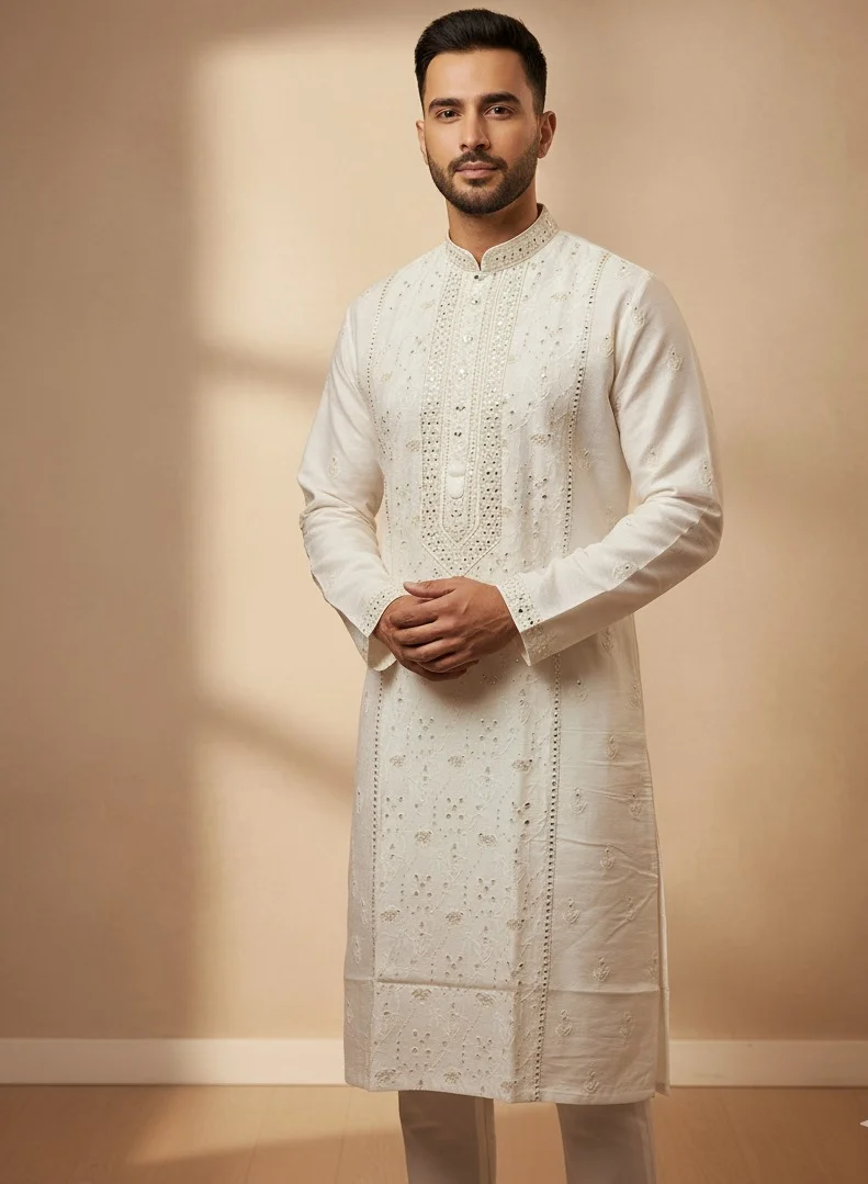 Lehar Men's White Embroidered Kurta Set with Sequin Embellishments