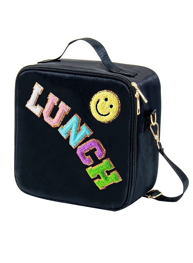 Lunch Box Quilts Lunch Box Large Insulated Lunch Bag, Kids Lunch Bag Personalized College Style Lunch Box For Boys Girls Adults With Adjustable Shoulder Lunch Bag For School Travel Picnic (Black) - Image 1