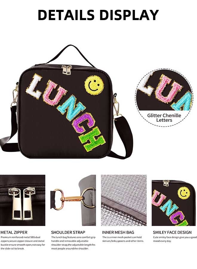 Lunch Box Quilts Lunch Box Large Insulated Lunch Bag, Kids Lunch Bag Personalized College Style Lunch Box For Boys Girls Adults With Adjustable Shoulder Lunch Bag For School Travel Picnic (Black) - Image 3