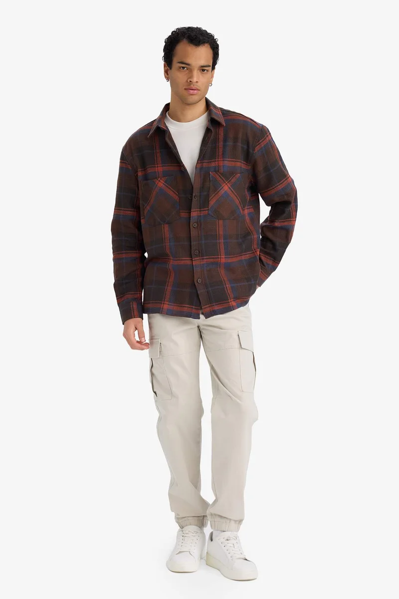 ديفاكتو Regular Fit Polo Neck Plaid Flannel Long Sleeve Shirt