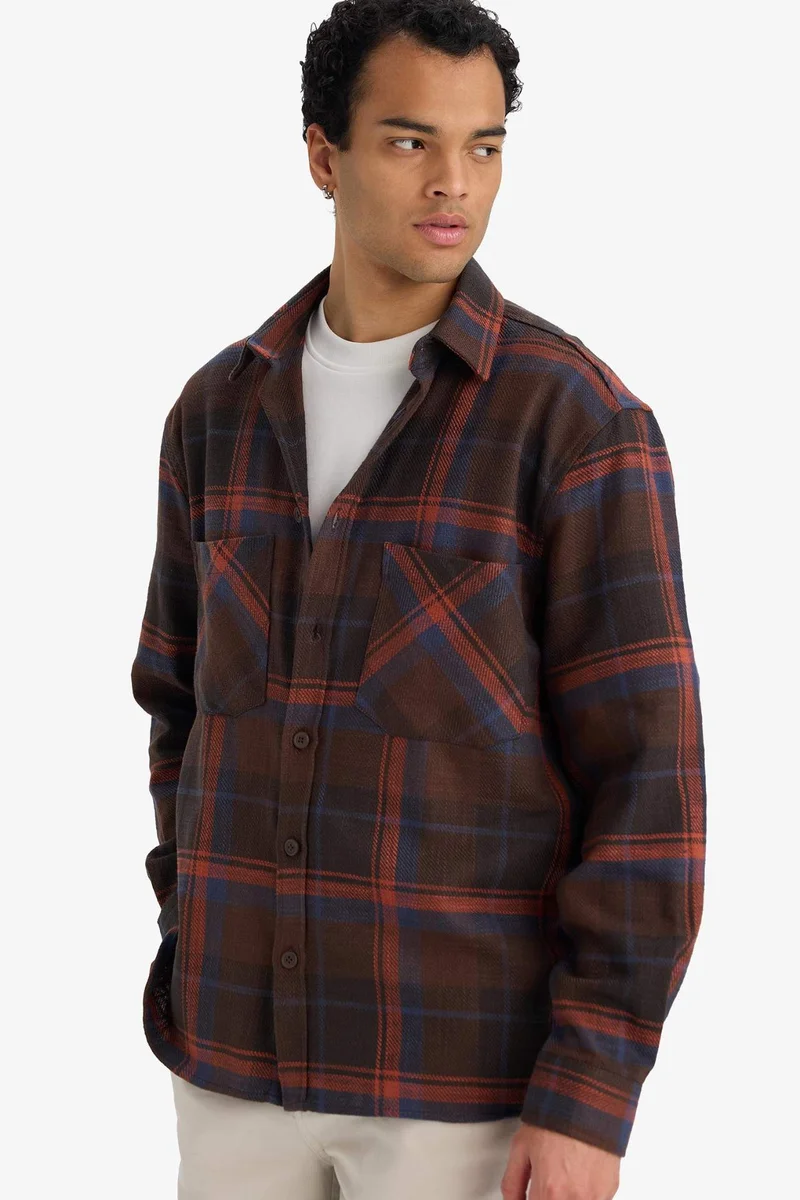 ديفاكتو Regular Fit Polo Neck Plaid Flannel Long Sleeve Shirt