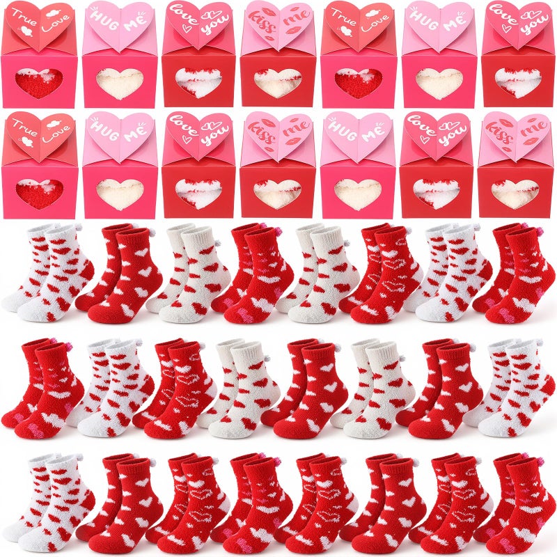Glitopper 24 Sets Valentine Fuzzy Socks Bulk with Heart Cookie Boxes Valentines Day Gifts Socks Treat Boxes for Party Favor, Pink, 5 - Image 1