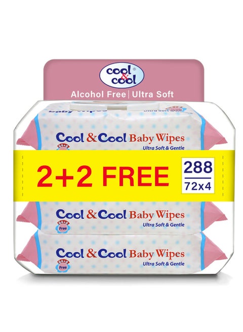 Cool & Cool Baby Wipes 72’s 2+2 Free (Pack of 4) - Paraben Free,Vitamin E,Aloe Vera,Ultra Soft & Gentle for Sensitive & Delicate Skin - 288 Wipes