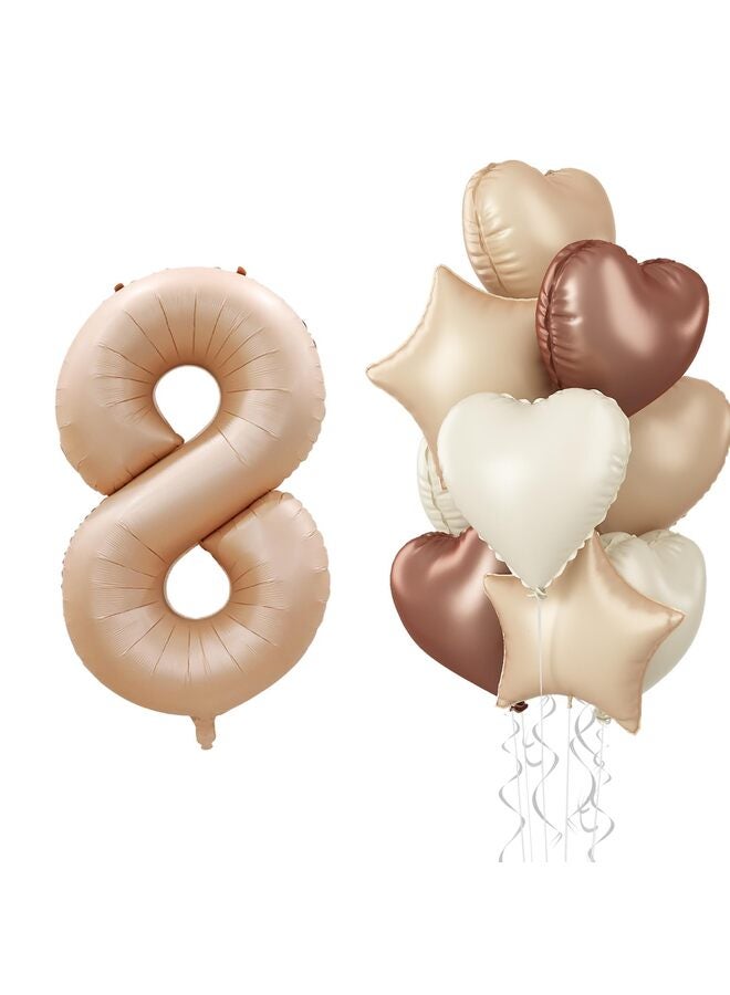 Boho 40 Inch Number Balloon Decor, Cream Brown Neutral Foil Heart Balloons with Taupe Star for Helium, Girls Boys Birthday, Baby Shower, Anniversary Party Decoration Supplies - Image 1
