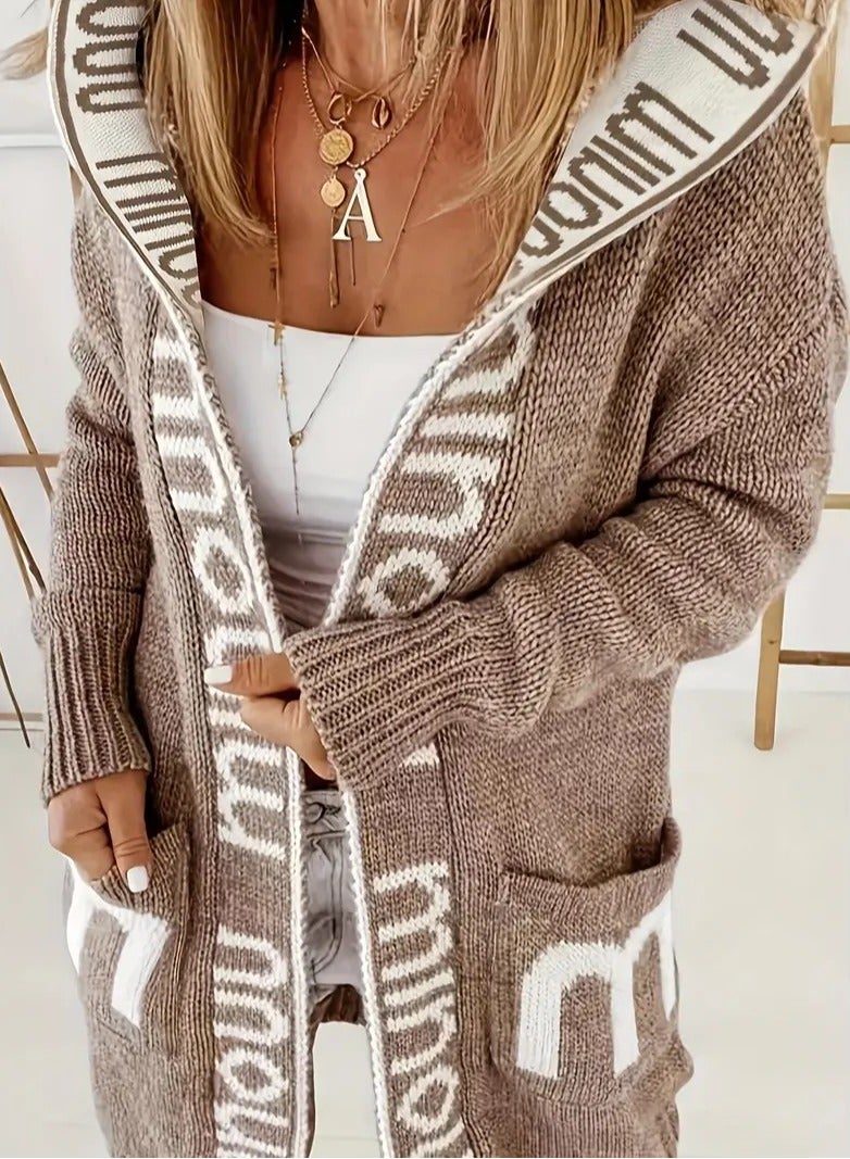 NIBEMINENT Letter Print Waterfall Collar Knit Cardigan, Casual Hooded Long Sleeve Sweater With Pockets, Women's Clothing  - Image 1