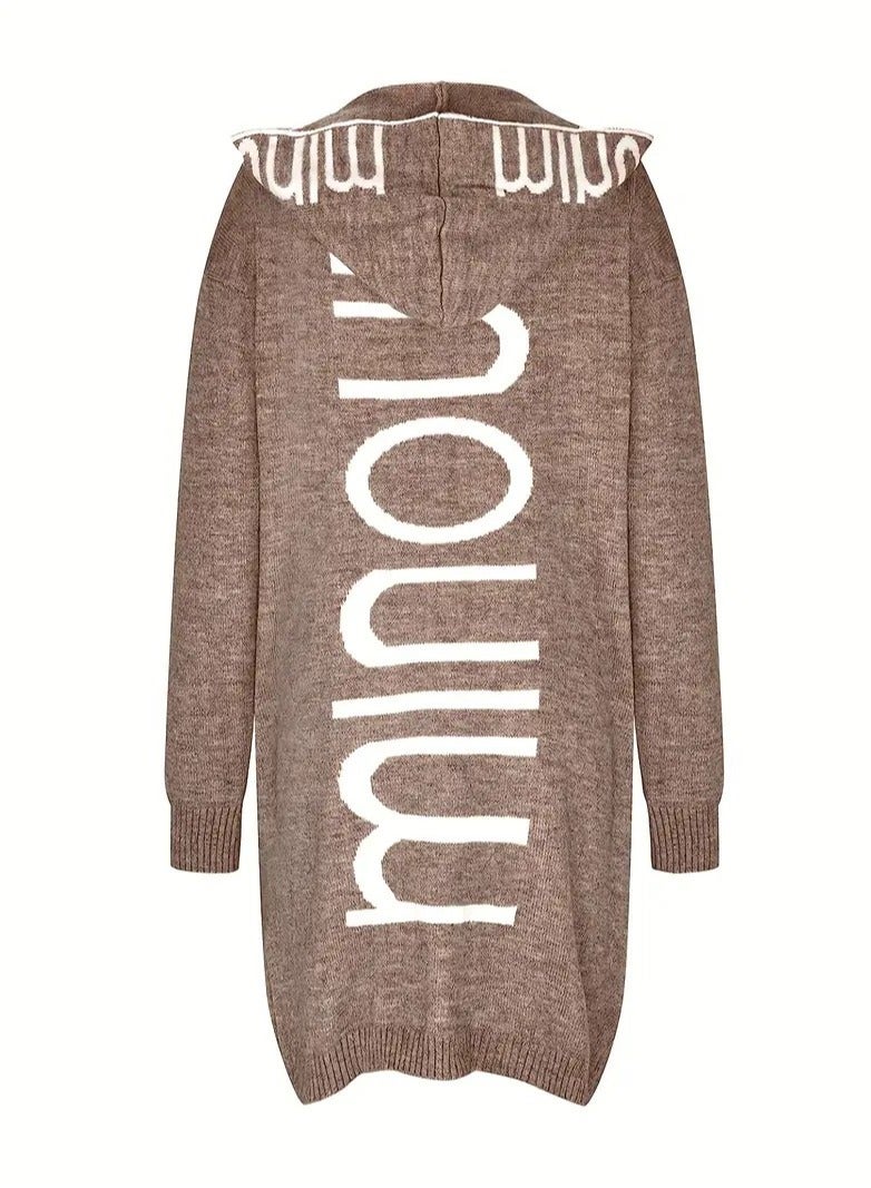 NIBEMINENT Letter Print Waterfall Collar Knit Cardigan, Casual Hooded Long Sleeve Sweater With Pockets, Women's Clothing  - Image 4