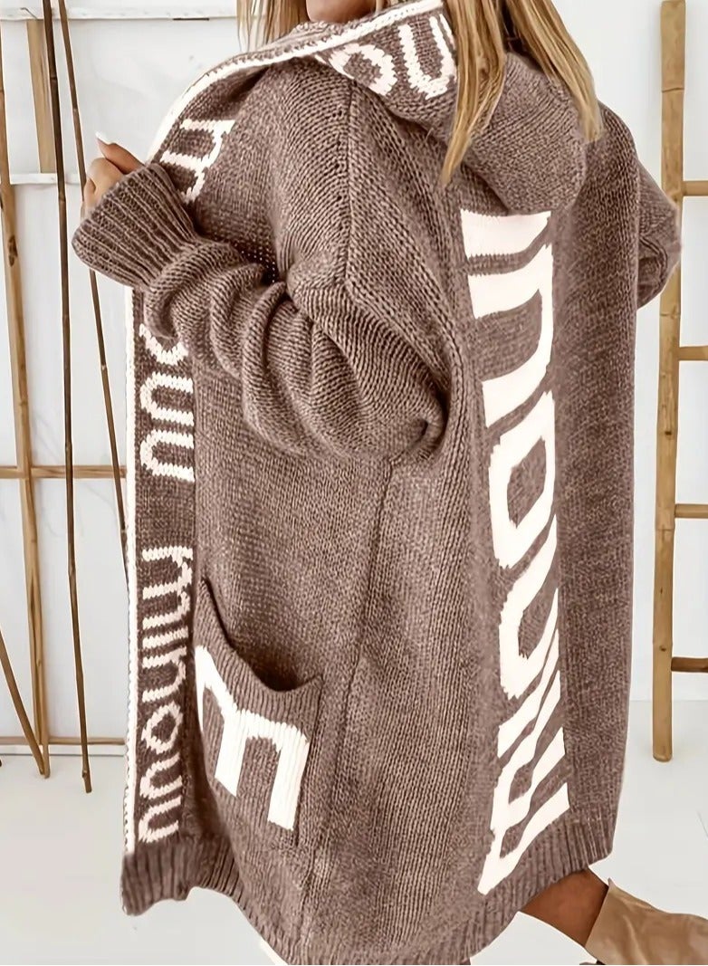 NIBEMINENT Letter Print Waterfall Collar Knit Cardigan, Casual Hooded Long Sleeve Sweater With Pockets, Women's Clothing  - Image 3