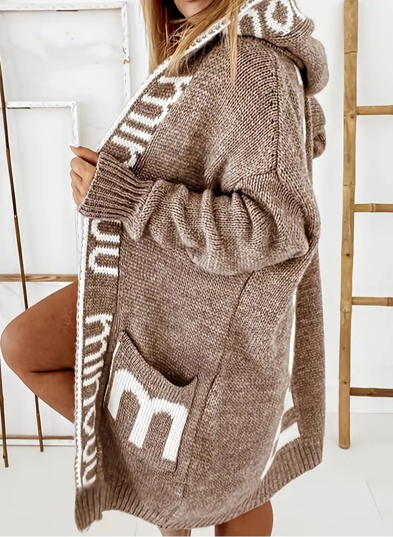 NIBEMINENT Letter Print Waterfall Collar Knit Cardigan, Casual Hooded Long Sleeve Sweater With Pockets, Women's Clothing  - Image 2