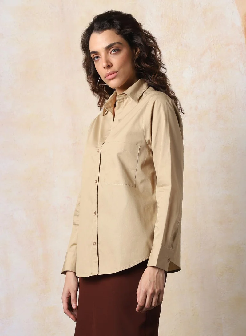 HIGH STAR Women Comfort Fit Spread Collar Textured Cotton Casual Shirt