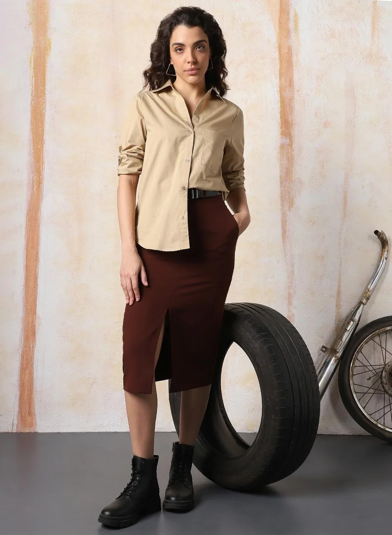 HIGH STAR Women Comfort Fit Spread Collar Textured Cotton Casual Shirt