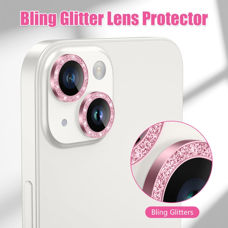 AGVEE 3+3 6 Pack for iPhone 14 6.1" / 14 Plus 6.7" Camera Lens Protector, Bling Diamond & Bling Glitter Metal Ring 9H Tempered HD Glass Camera Cover Film, Bling-Pink - Image 5