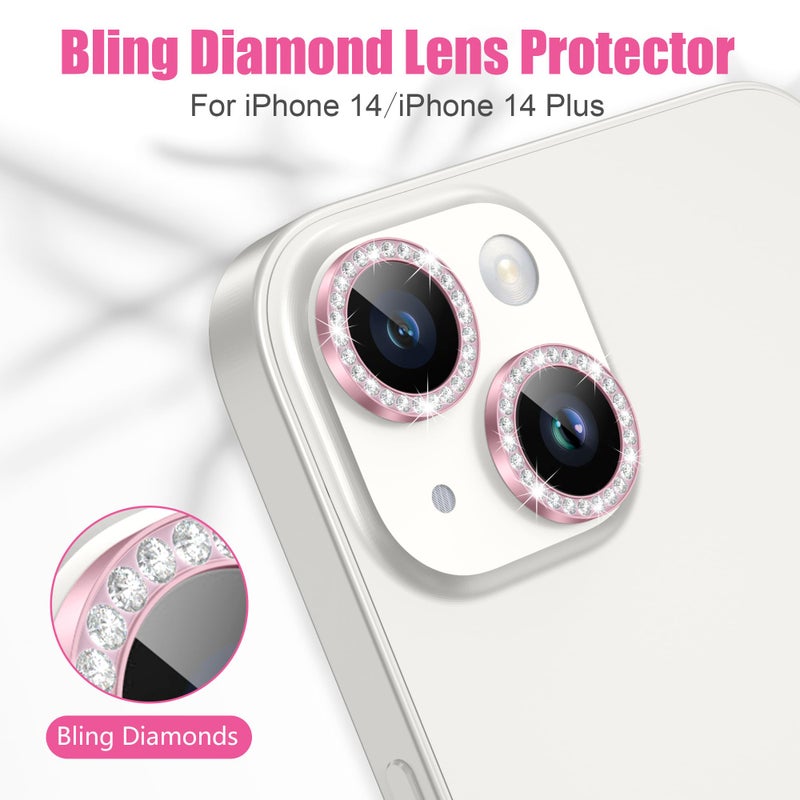 AGVEE 3+3 6 Pack for iPhone 14 6.1" / 14 Plus 6.7" Camera Lens Protector, Bling Diamond & Bling Glitter Metal Ring 9H Tempered HD Glass Camera Cover Film, Bling-Pink - Image 4