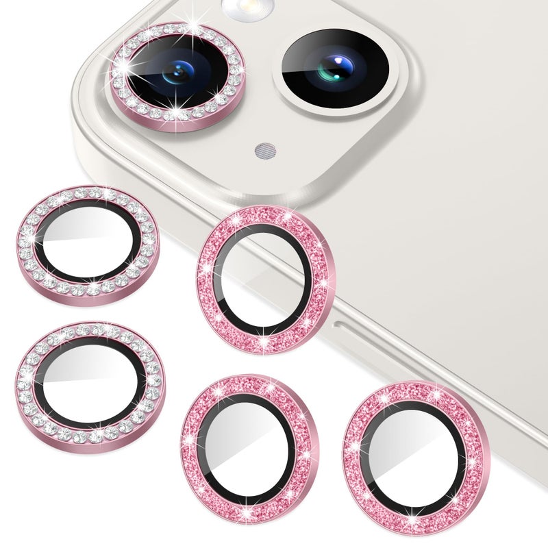 AGVEE 3+3 6 Pack for iPhone 14 6.1" / 14 Plus 6.7" Camera Lens Protector, Bling Diamond & Bling Glitter Metal Ring 9H Tempered HD Glass Camera Cover Film, Bling-Pink - Image 1