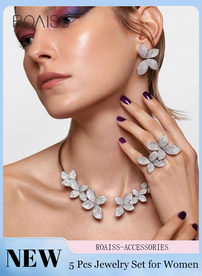 roaiss 4 Pcs Flower Jewelry Set, Silver Flower Pendant Necklace, Luxury Rhinestone Ring and Earrings, Party Wedding Jewelry Accessories,  As Gift for Women - Image 1