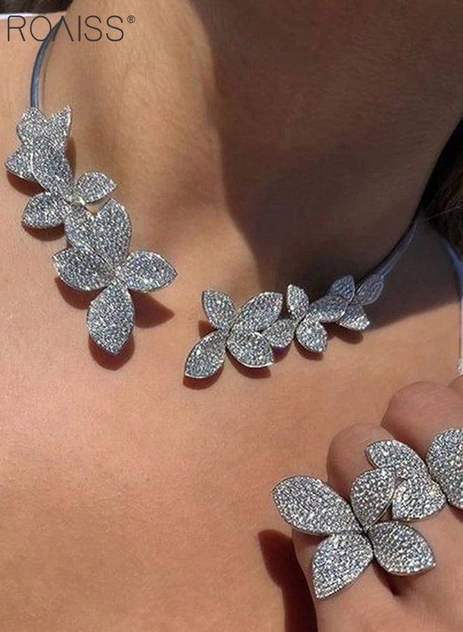 roaiss 4 Pcs Flower Jewelry Set, Silver Flower Pendant Necklace, Luxury Rhinestone Ring and Earrings, Party Wedding Jewelry Accessories,  As Gift for Women - Image 2
