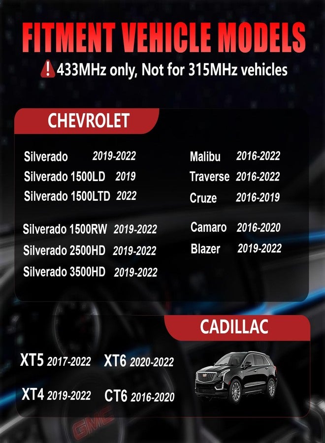 Cangecit Pre-Programmed 433Mhz TPMS, Tire Pressure Sensor Fit for:-Chevy Silverado/Silverado1500RW/2500HD/3500HD 19-22| Malibu/Traverse/Cruze 16-22| Camaro 16-20| Fit:-Cadillac XT5 17-22 (4PCS) - Image 2