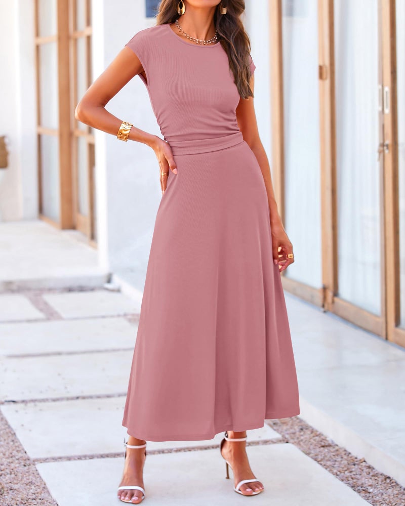 BTFBM Summer Outfits For Women 2026 Two Piece Sets Casual Crew Neck Short Sleeve Cropped Spring Tops Midi Skirt Lounge Set(Dusty Pink, Medium) - Image 2