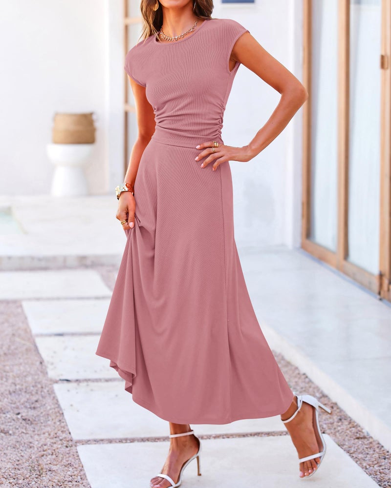 BTFBM Summer Outfits For Women 2026 Two Piece Sets Casual Crew Neck Short Sleeve Cropped Spring Tops Midi Skirt Lounge Set(Dusty Pink, Medium) - Image 5