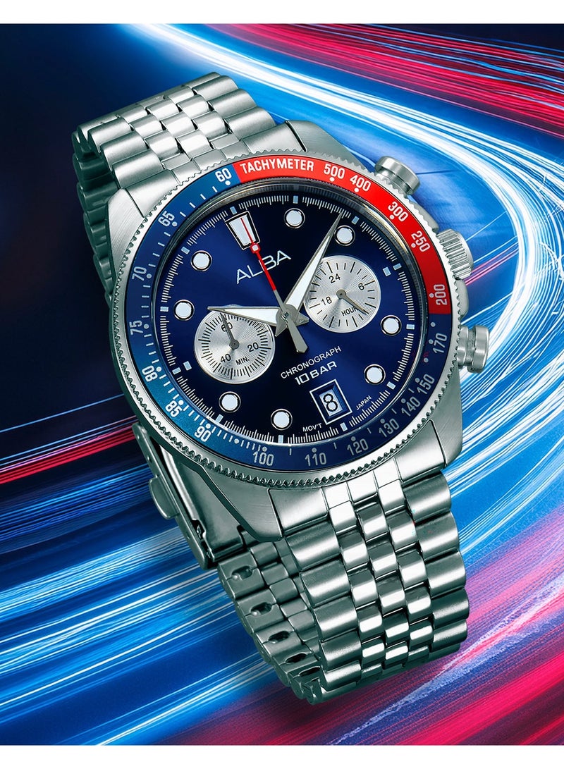 Alba Active Chronograph Men’s Watch A4B025X1, 43 mm Blue & Silver Dial, Stainless Steel Case & Bracelet, 100 m WR - Image 1