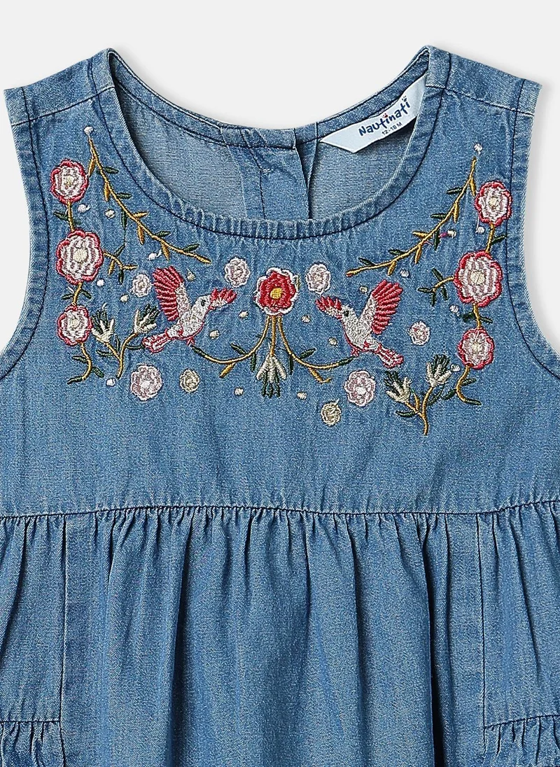 Nautinati Nautinati Girls Floral Embroidered Denim Sleeveless Romper-Style Dress