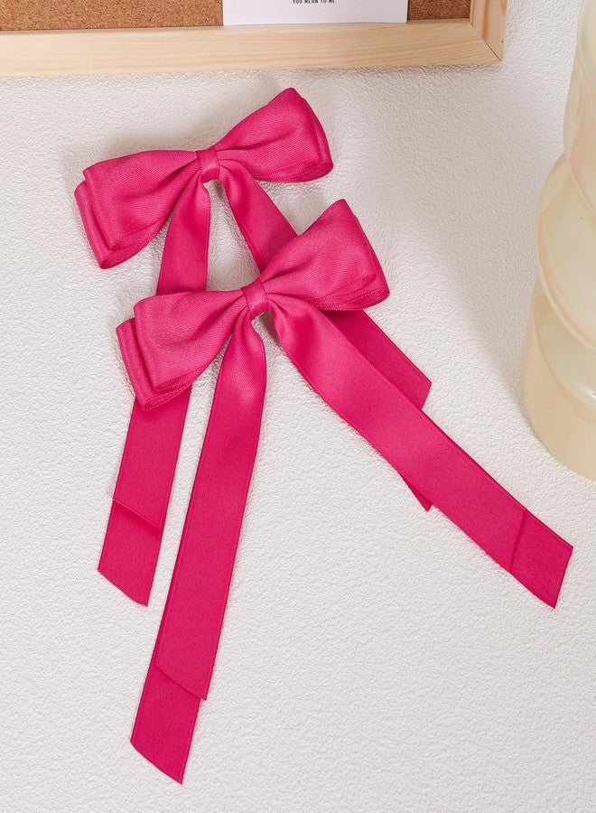 ميروكش قطعتان من مشابك الشعر المصنوعة من الساتان الحريري للنساء والفتيات، لون وردي فاقع، شريط بوليستر ساتان سادة، حامل ذيل حصان، إكسسوارات تزيين، مشابك شعر للأطفال الصغار والمراهقين، 5.5 بوصة - Image 2