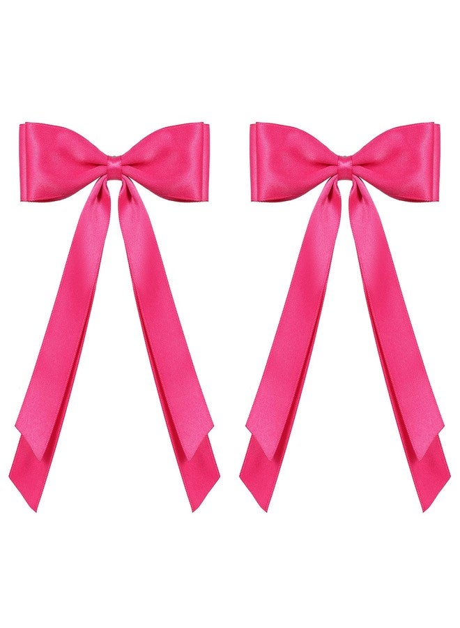 ميروكش قطعتان من مشابك الشعر المصنوعة من الساتان الحريري للنساء والفتيات، لون وردي فاقع، شريط بوليستر ساتان سادة، حامل ذيل حصان، إكسسوارات تزيين، مشابك شعر للأطفال الصغار والمراهقين، 5.5 بوصة - Image 1