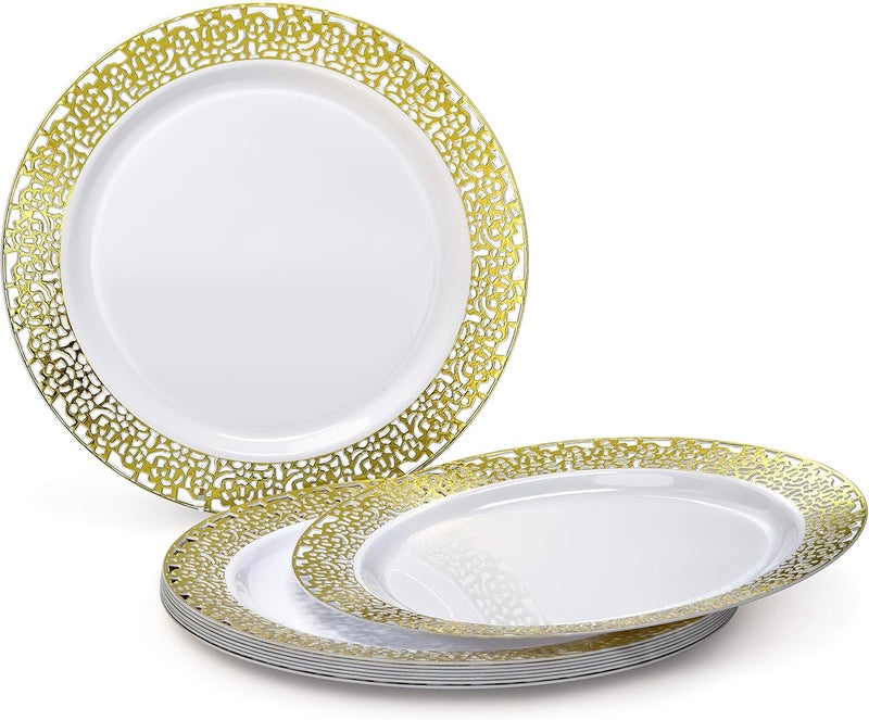 OCCASIONS FINEST PLASTIC TABLEWARE " OCCASIONS " 50 Plates Pack (25 Guests)-Heavyweight Wedding Party Disposable Plastic Plate Set -25 x 10.25'' Dinner + 25 x 7.5'' Salad/Dessert plates (Florence White & Gold) - Image 2