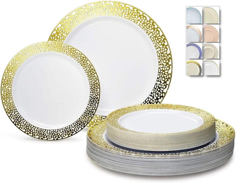 OCCASIONS FINEST PLASTIC TABLEWARE " OCCASIONS " 50 Plates Pack (25 Guests)-Heavyweight Wedding Party Disposable Plastic Plate Set -25 x 10.25'' Dinner + 25 x 7.5'' Salad/Dessert plates (Florence White & Gold) - Image 1