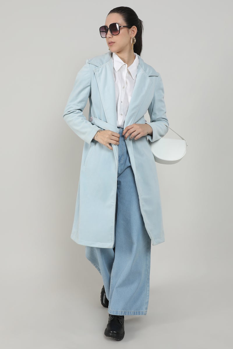 Campus Sutra Women's Baby Blue Belted Long Coat - Image 1