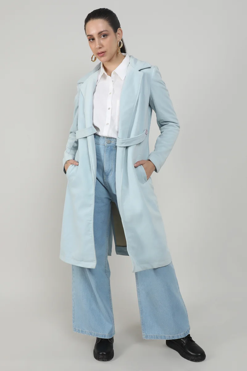 Campus Sutra Women's Baby Blue Belted Long Coat