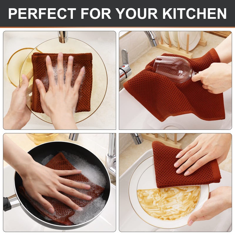 Kitinjoy 100% Cotton Kitchen Dish Cloths  6 Pack Waffle Weave Dish Towels Ultra Soft Absorbent Quick Drying Dish Rags  12 X 12 Inches  Rust - Image 4