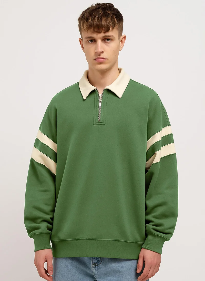 Maniac Mens Colorblock Polo Neck Full Sleeve Hunter Green & Cream Fleece Sweatshirt