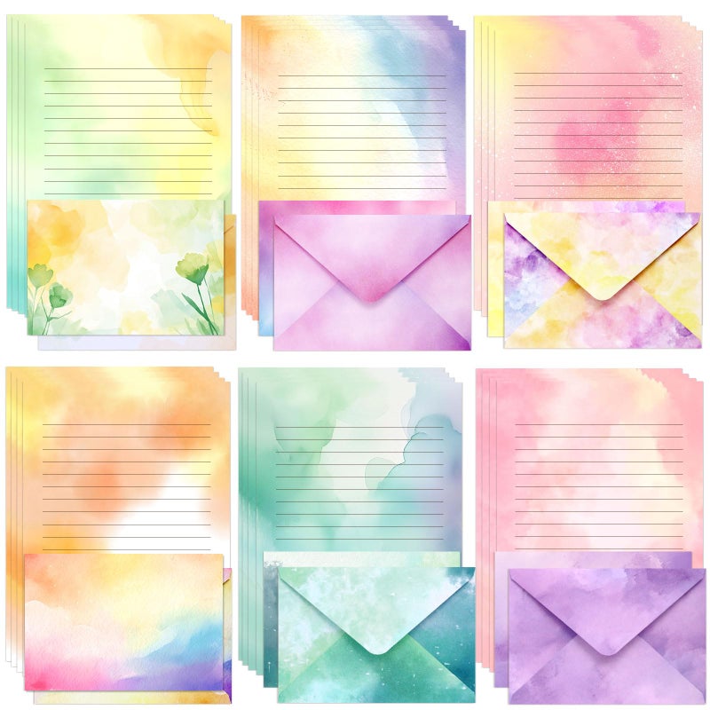 KSIWRE Watercolor Stationary Letter and Envelopes, 24 Lined Writing Paper with 12 Matching Envelopes, Double-Sided Printing, Multicolor, 8.3 x 5.5 Inches, 36 Pieces - Image 1