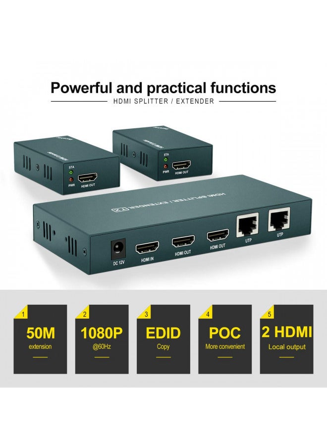 Steetek HDMI Extender Splitter 1x2, HD1080P@60Hz & 3D Visual, Extending 165ft (50m) Length Transmission Over CAT5e/CAT6/CAT7 Cable, 2 Channel Transmission with 2 HDMI Loop Out1  - Image 1
