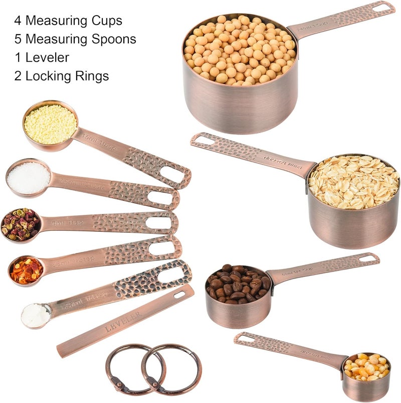 Smithcraft Copper Measuring Cups and Spoons Set 10, Metric & US Stainless Steel Measuring and Spoons Set for Baking & Kitchen, Nesting 4 Metal Measure Cups & 5 Spoons & Leveler for Dry & Liquid - Image 3