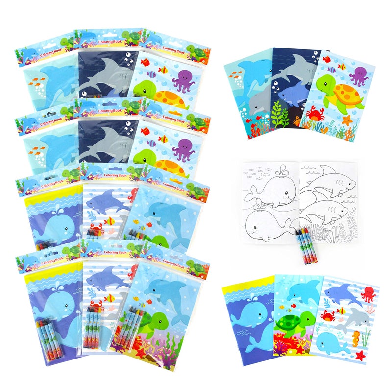 TINYMILLS Sea Turtles Animals Coloring Book Set with 12 Coloring Books and 48 Crayons Ocean Animals Birthday Party Supplies Favor Bag Filler Carnival Prizes Rewards