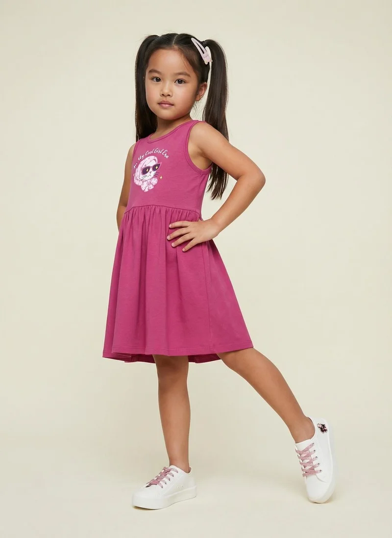 نوتيناتي Nautinati Girls' 100% Cotton Pack of 2 Fit & Flare Dresses with Cat Graphic & Floral, Heart All-over Print