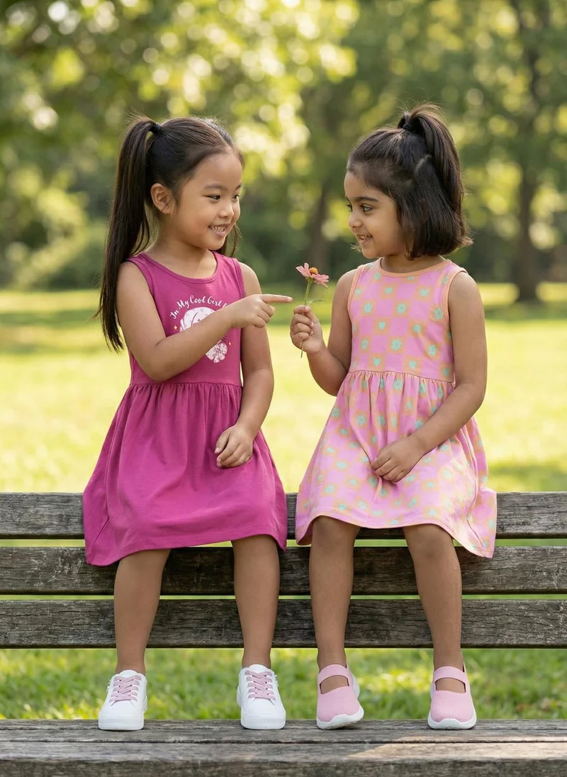 نوتيناتي Nautinati Girls' 100% Cotton Pack of 2 Fit & Flare Dresses with Cat Graphic & Floral, Heart All-over Print