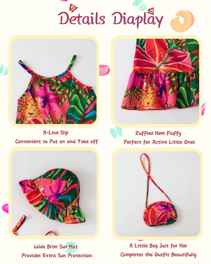 Renotemy Toddler Baby Girl Summer Dresses 12-18 Months Casual Tropical Flower A-Line Slip Dresses with Hat and Bag Hawaiian Beach Holiday Vintage Birthday Party Dress 12-18 Month Girl Clothes - Image 5
