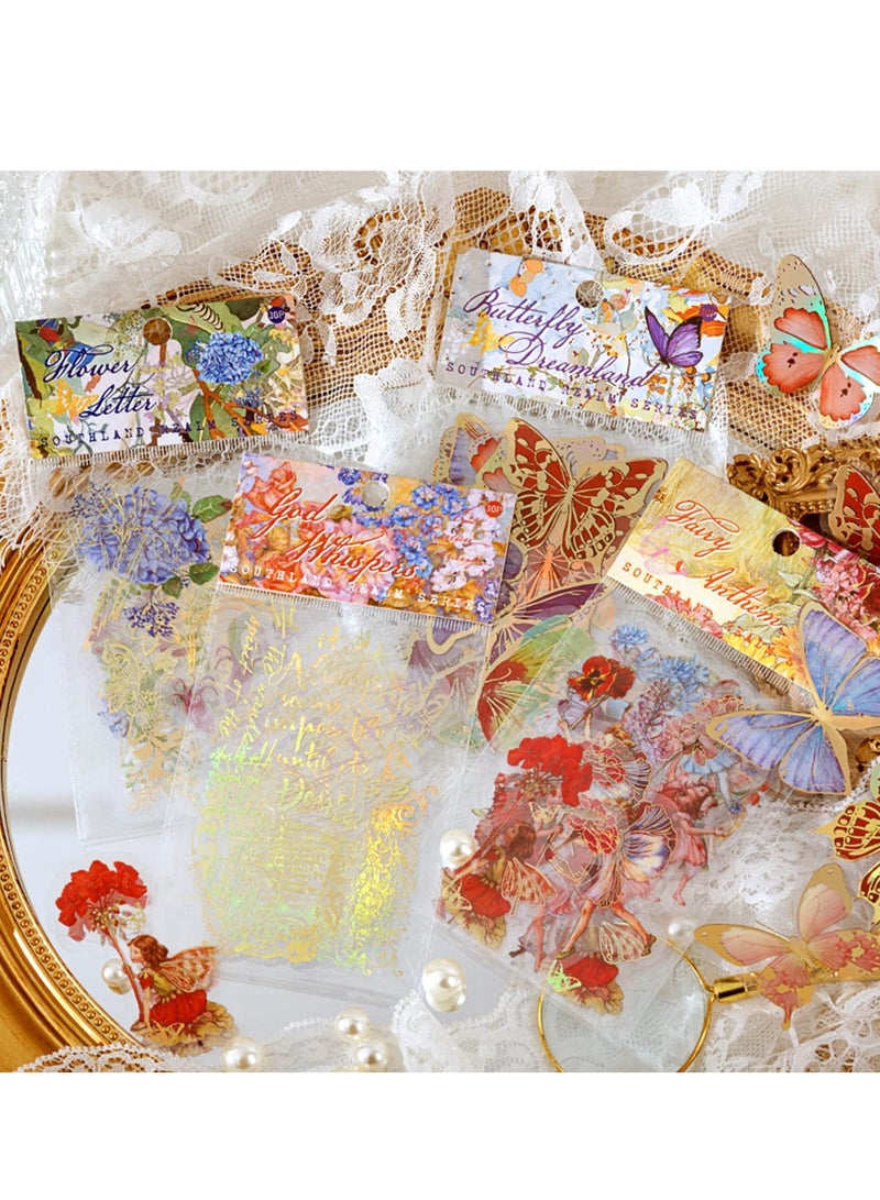 Bronzing Holographic Sticker Set, Gold Foil Transparent Color Waterproof Vintage Sticker, Fairy Butterfly Flower Pattern for Scrapbook Diary Laptop Water Bottle Decoration 4 Themes, 120 Sheets - Image 5
