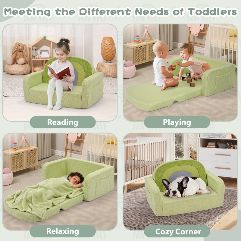 Foryoomi Extra Wide Kids Couch, 2-in-1 Soft Toddler Couch with Blanket, Comfy Toddler Chair, Convertible Sofa with Cute Colorful Rainbow Design, Green - Image 4