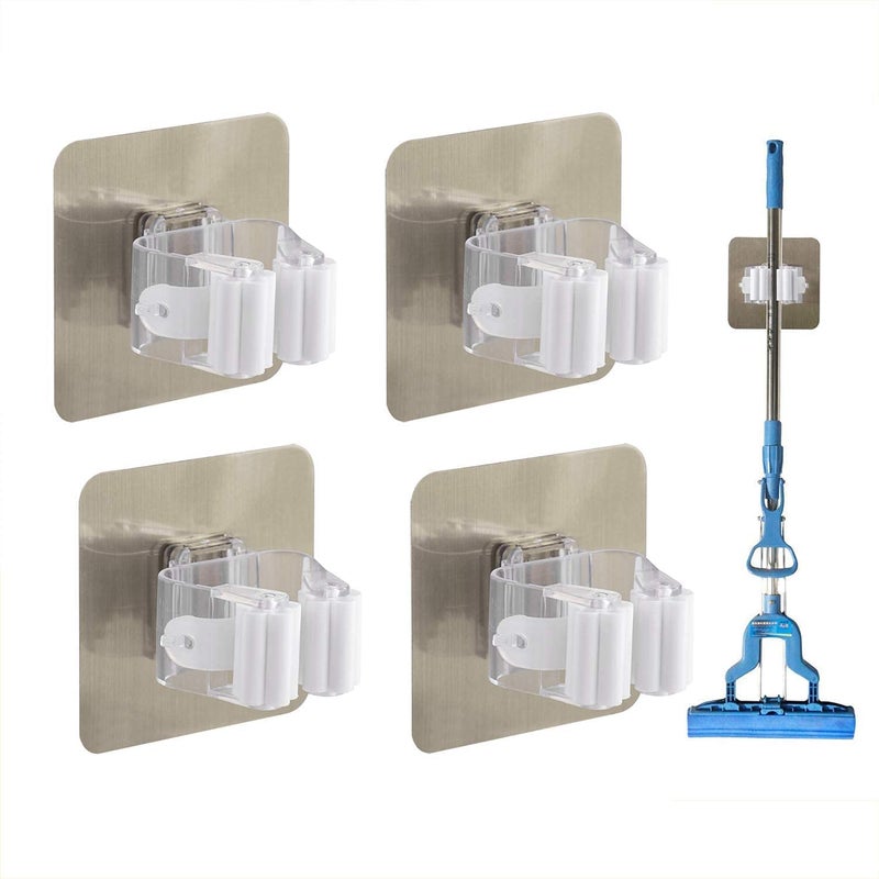 VOLO 4 Pack Mop and Broom Holder Wall Mount Broom Gripper Holds Self Adhesive No Drilling Super AntiSlip Utility Hooks for Home Bathroom Kitchen Garden Garage Color Light Silver - Image 1