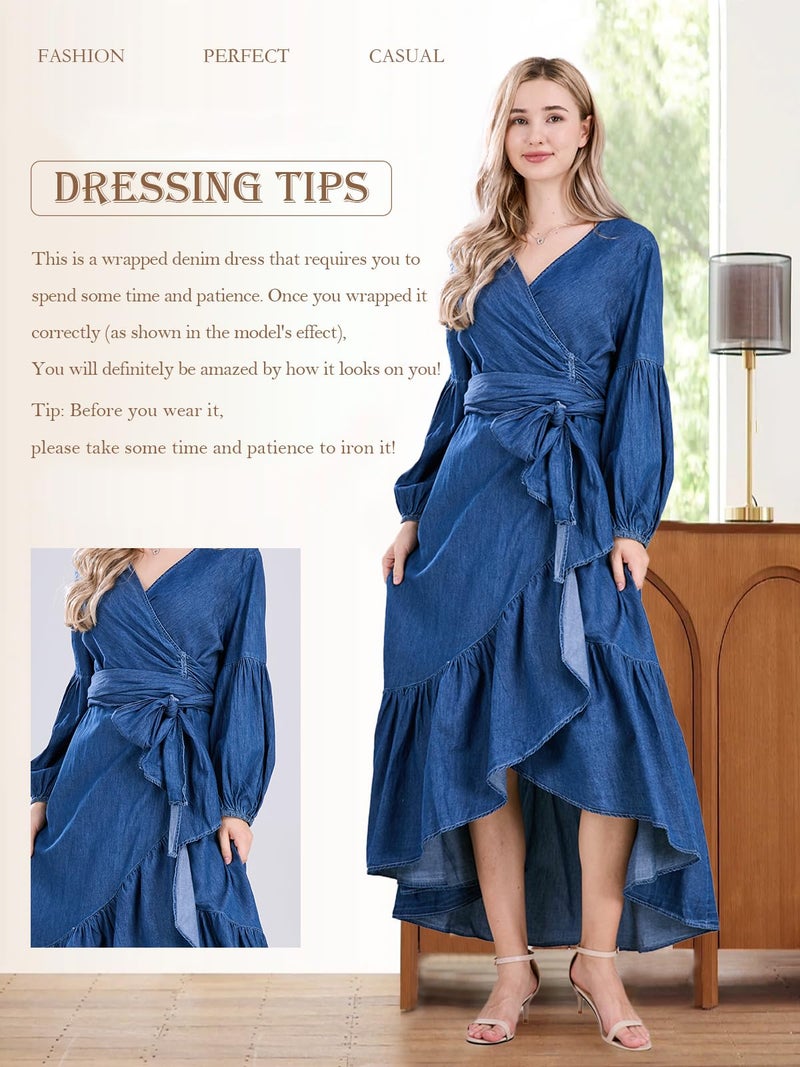 utcoco Womens Casual Belted Long Sleeve Denim Dress Wrapped V-Neck Ruffle Hem Maxi Denim Dresses for Women 2025 (Large, Blue) - Image 3