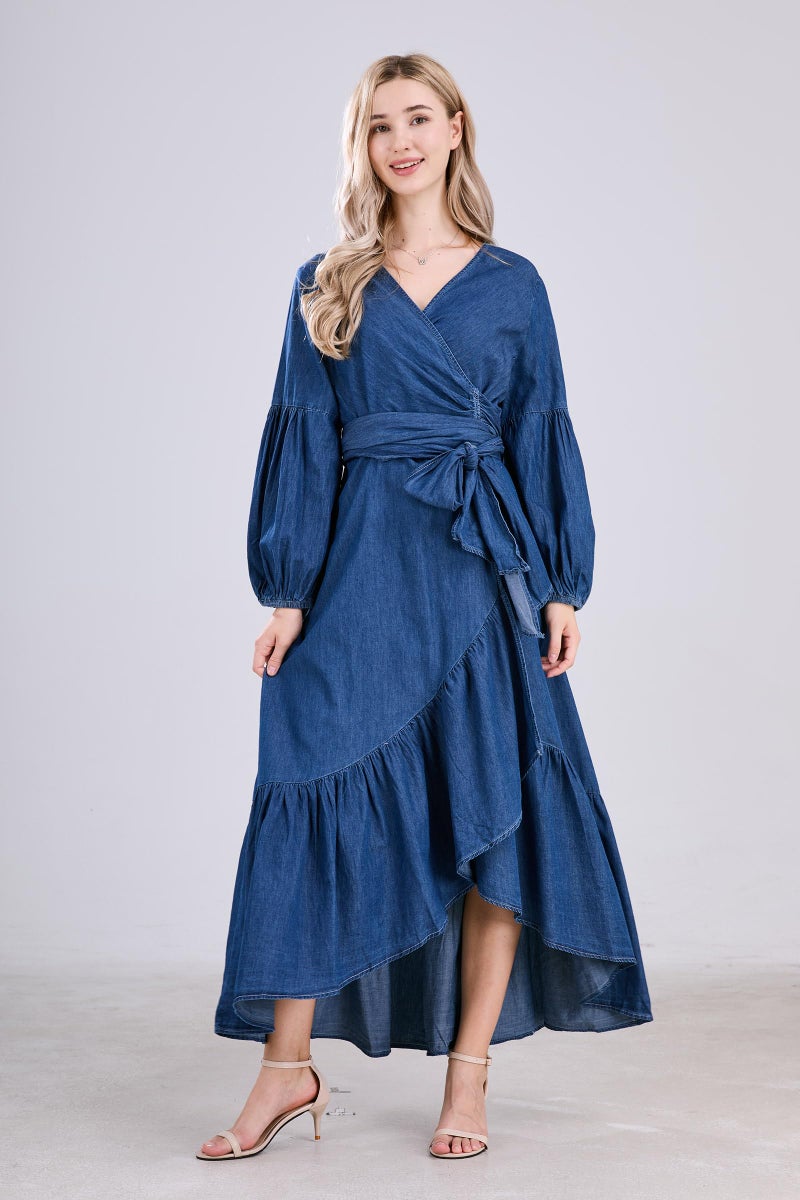 utcoco Womens Casual Belted Long Sleeve Denim Dress Wrapped V-Neck Ruffle Hem Maxi Denim Dresses for Women 2025 (Large, Blue) - Image 5
