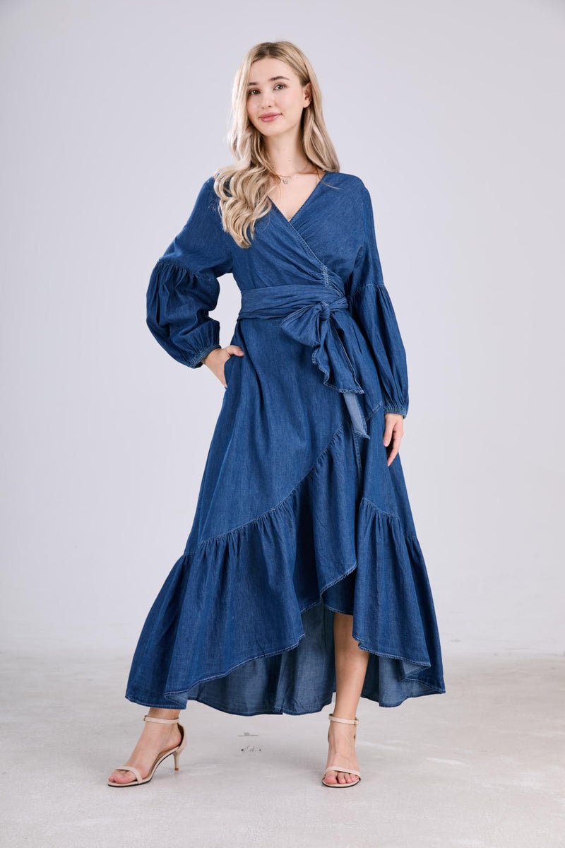 utcoco Womens Casual Belted Long Sleeve Denim Dress Wrapped V-Neck Ruffle Hem Maxi Denim Dresses for Women 2025 (Large, Blue) - Image 1